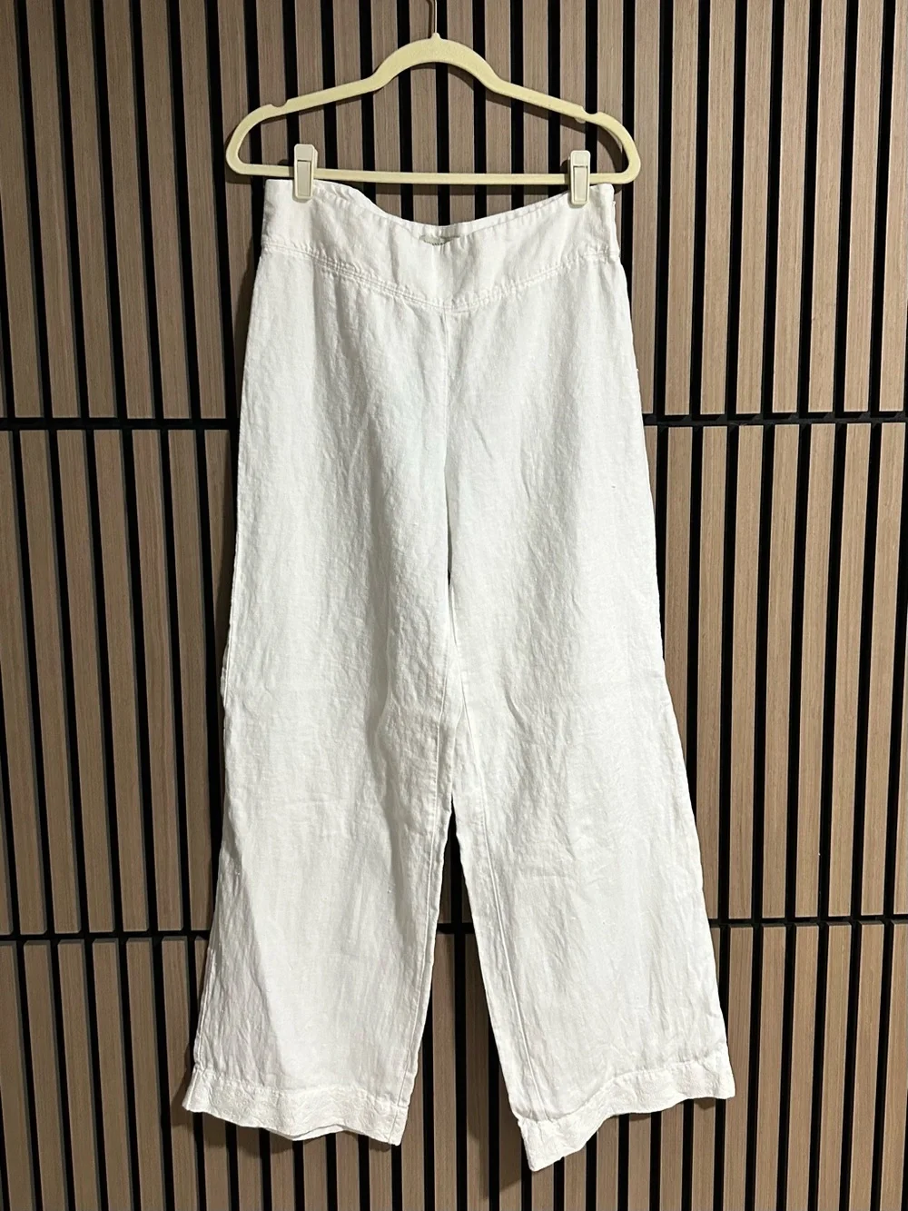 Banana Republic Women White 100% Linen Wide-Leg Pants Embroidered Coastal Beach